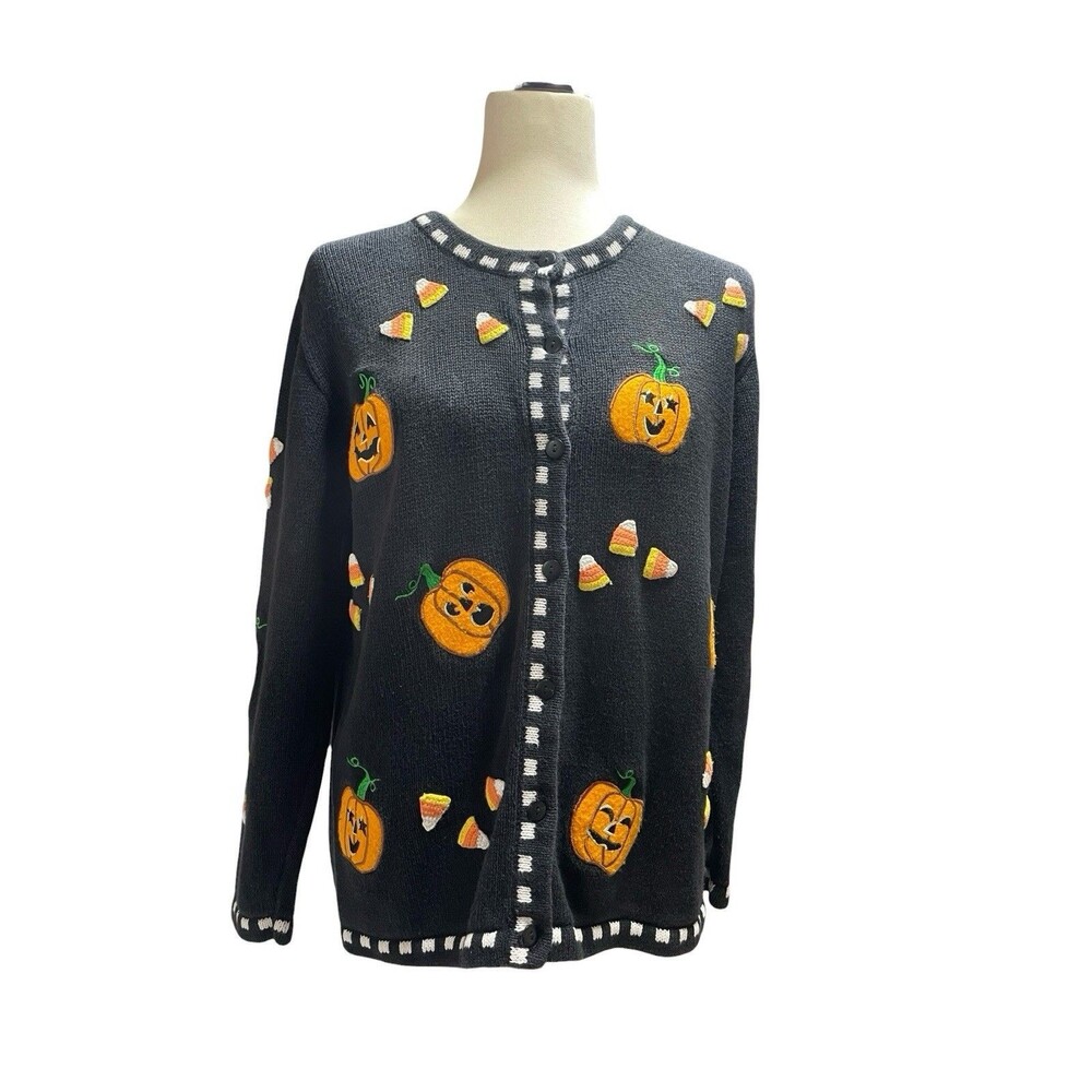 Quacker Factory Halloween Candy Corn Fall Pumpkin M Cardigan Sweater 1980s QVC